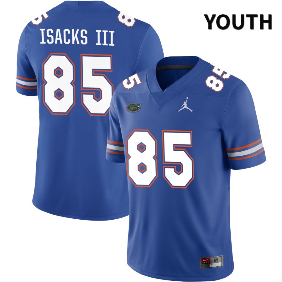 NCAA Florida Gators Scott Isacks III Youth #85 Jordan Brand Royal 2022 NIL Stitched Authentic College Football Jersey CBO8764VL